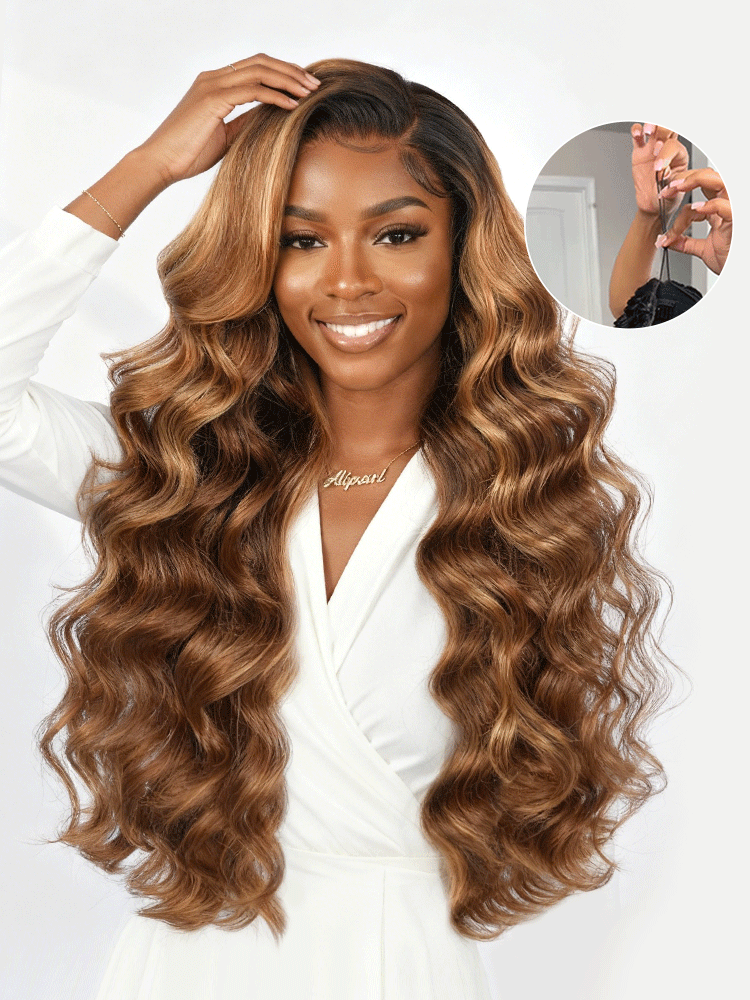 Brown Highlight Side Bang Body Wave 6x8 Lace Front Wig Glueless