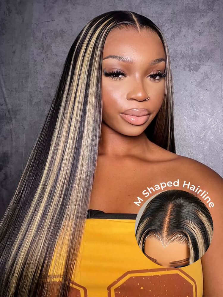 blonde highlight straight wig with m shaped hairline