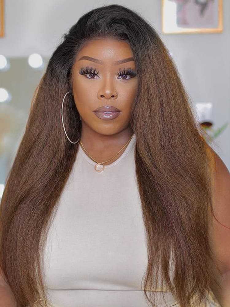 Long Brown Ombre kinky straight HD Lace Frontal Wig 250 Density Wig