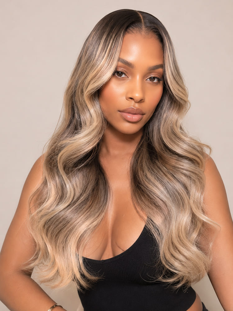 Ash Blonde Highlights Body Wave 13x4 Lace Frontal Wig With Drawstring