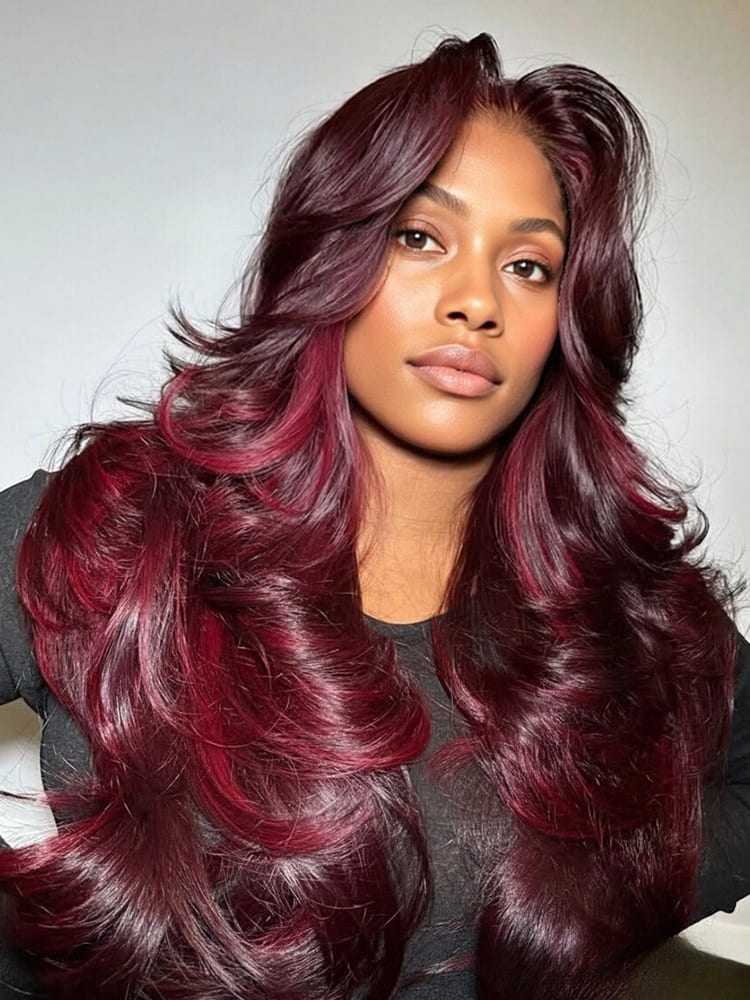#99J Burgundy Red Highlight Body Wave Glueless Wig With Layers