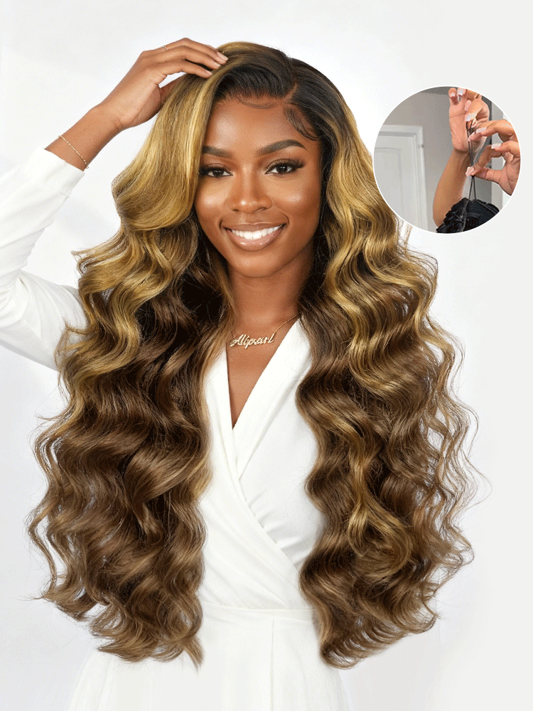 Brown Highlight Side Bang Body Wave 6x8 Lace Front Wig Glueless