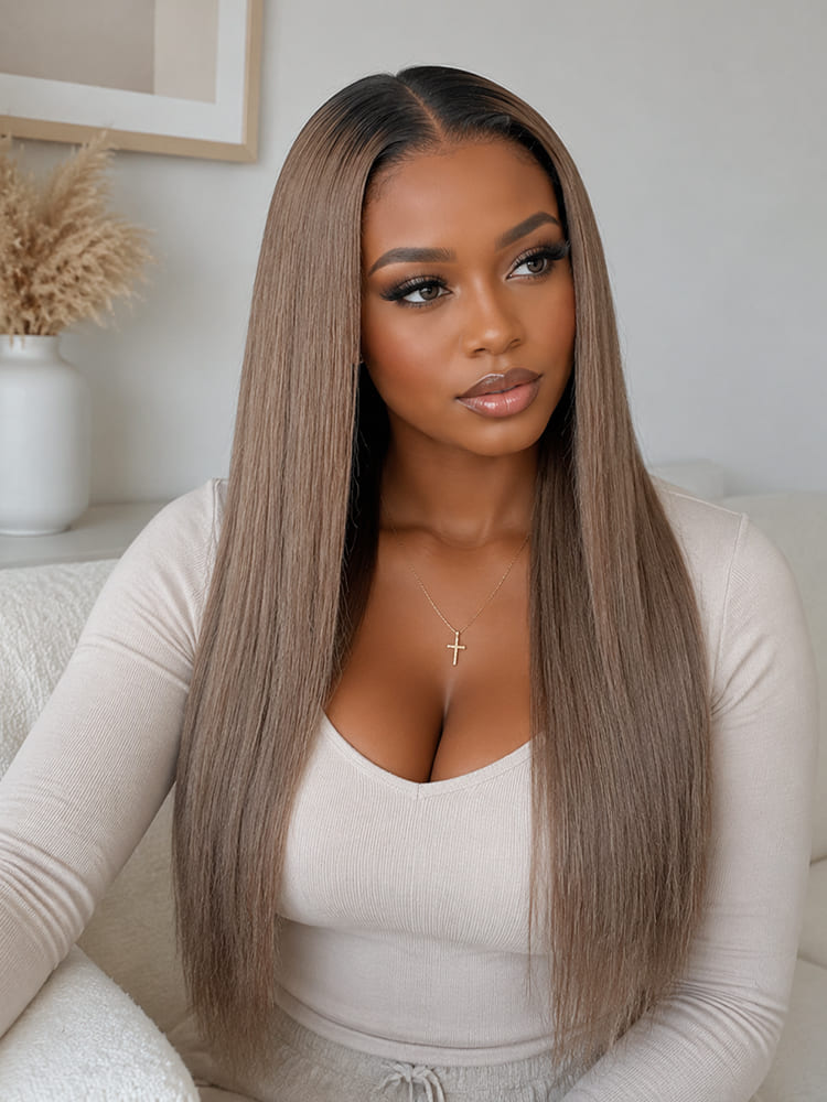 Ash Brown Ombre Silky Straight Hair Pre-Plucked Frontal Wig Ready To Go