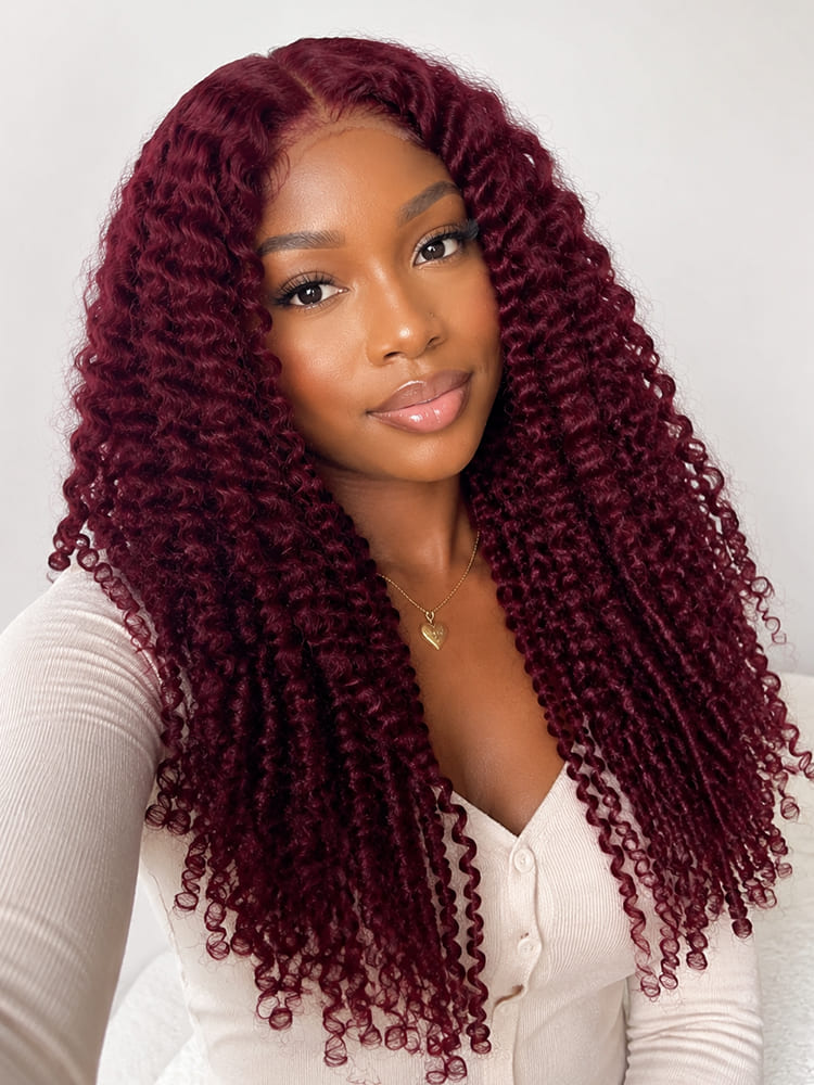 Light Burgundy Burmese Curly Hair Glueless Lace Front Wig 250 Density
