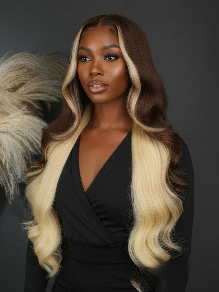 Caramel Macchiato Pre-Styled Layered 250 Density Wig With Skunk Stripe