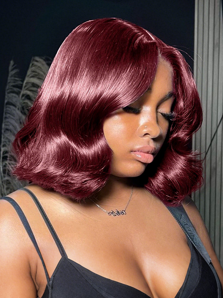 99J Burgundy Short Wavy Bob 2x6 Lace Closure Wig Easy To Wear