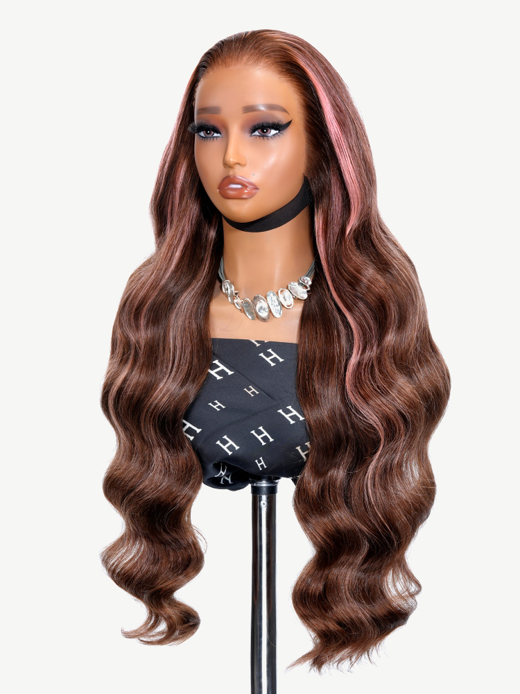 pink highlight wig with brown