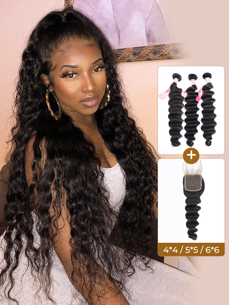 Alipearl Peruvian Loose Deep Wave Hair 3pcs with 4*4 5*5 6*6 Lace Closure 