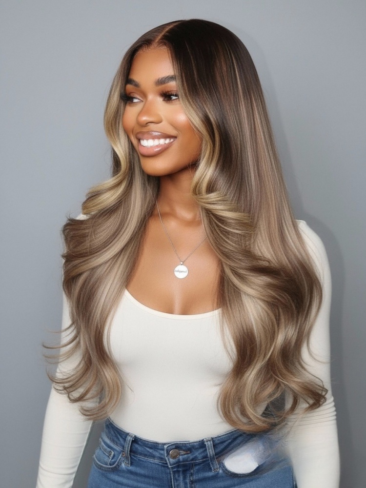 Brunette Blonde Highlights Loose Body 13x6 Lace Frontal Wig With Layers