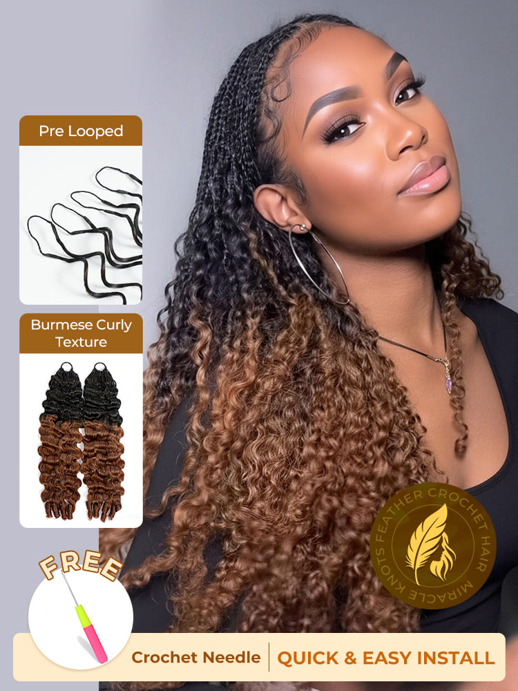 T1B/33 Brown Ombre Color Burmese Curly Feather Crochet Hair Extension