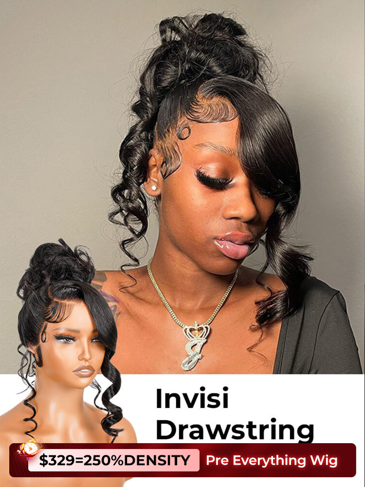 (24'' 250D=$329) Glueless Invisi Drawstring 360 Lace Wig Miss Buns With Side Part Bangs Style