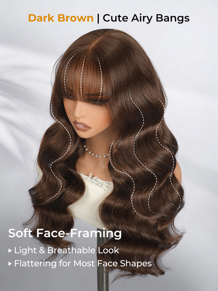 dark brown body wave wig with bangs