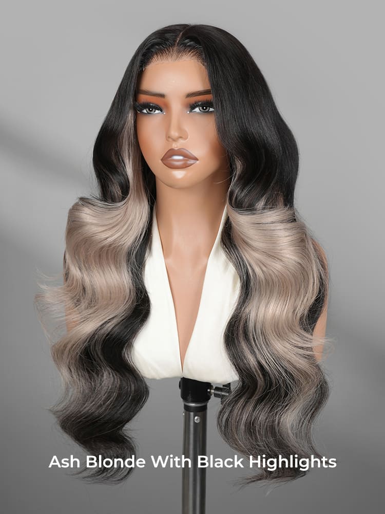 Ash Blonde Highlight Body Wave HD Lace Wig With Layers 300 Density