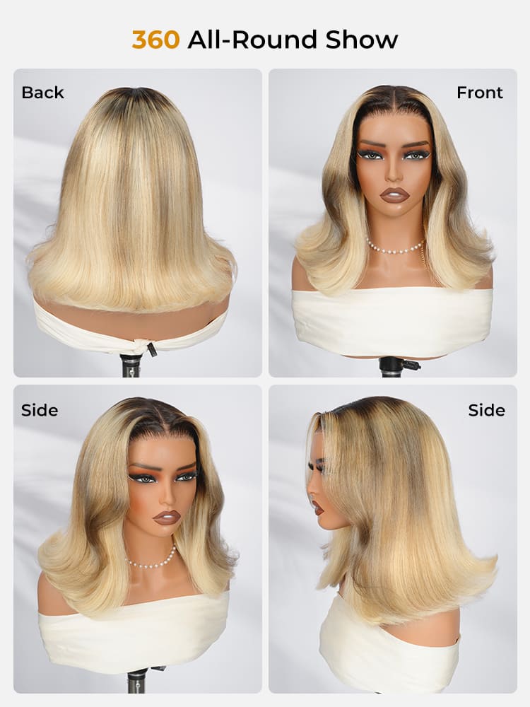 Brown Roots Blonde Ombre Bob Wig