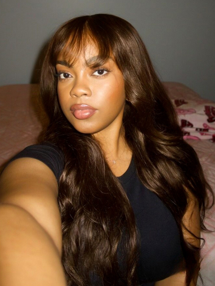 body wave glueless wig with bangs