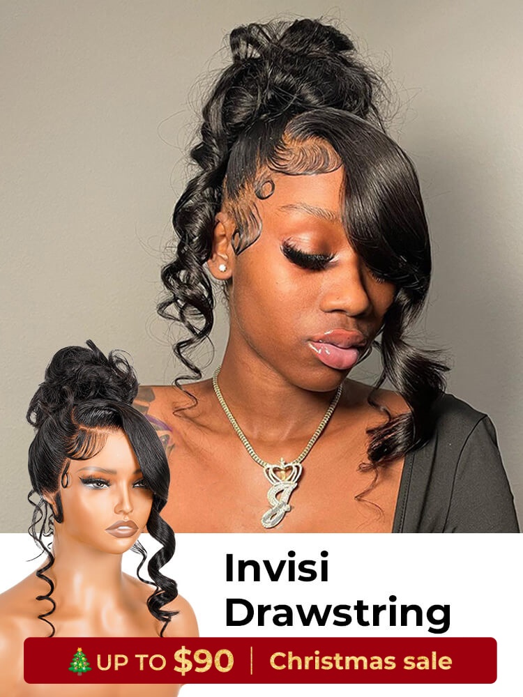 Glueless Invisi Drawstring 360 Lace Wig Miss Buns With Side Part Bangs Style