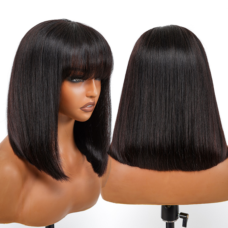 Blunt Bang Straight Natural Black Lace Bob Wig