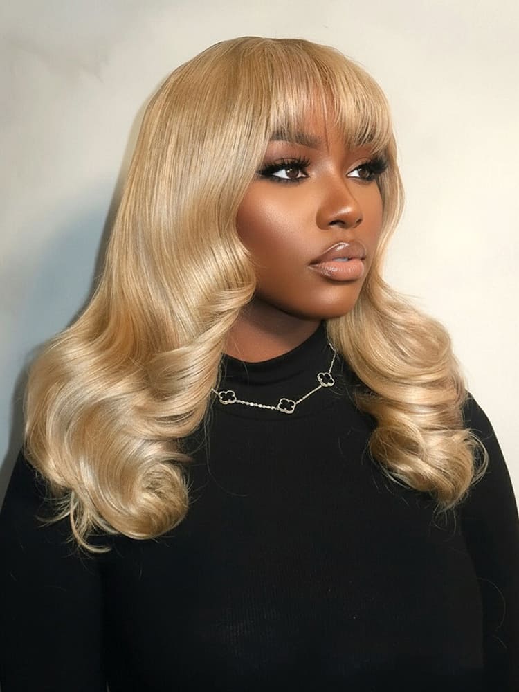 Honey Blonde Glueless Body Wave 2X6 Lace Front Wig With Curtain Bang