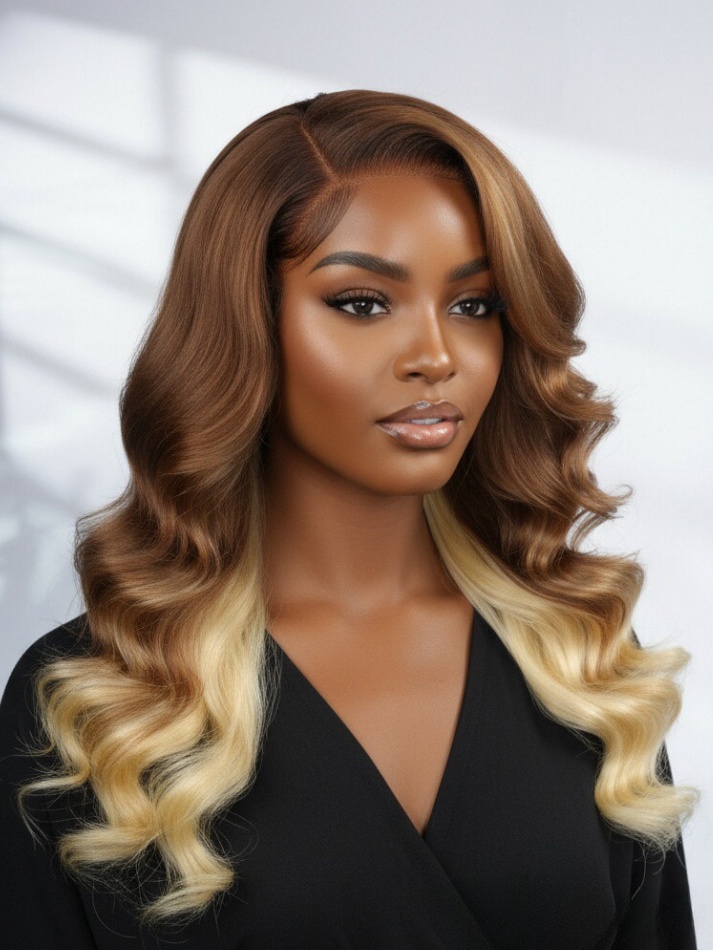 Caramel Brown With Blonde Ombre Loose Body Side Part 13x6 Lace Front Wig