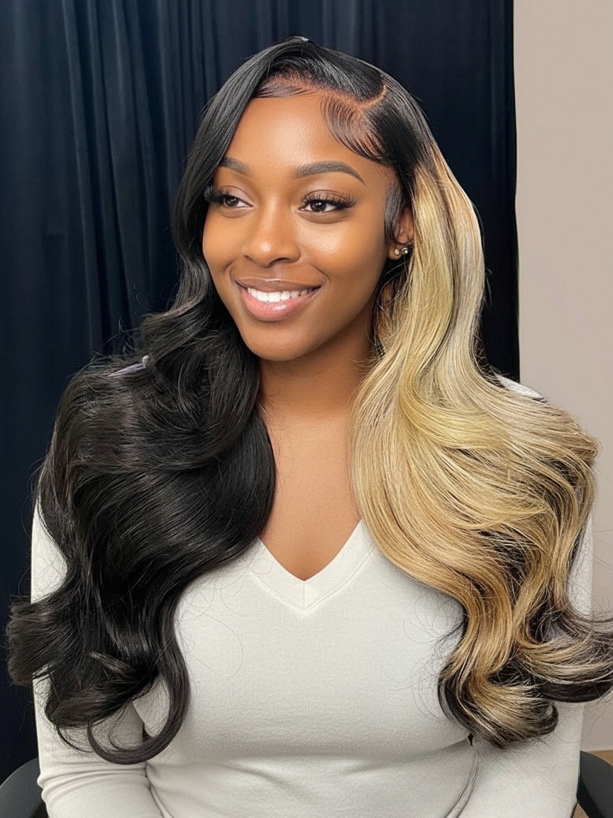 Side Part Blonde Highlight Body Wave 13x6 HD Lace Front Wig Skunk Stripe