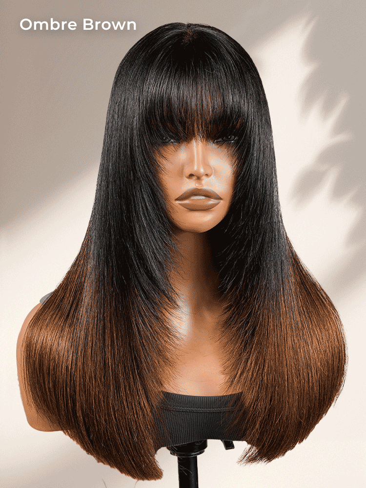 Glueless layered straight wig with bang