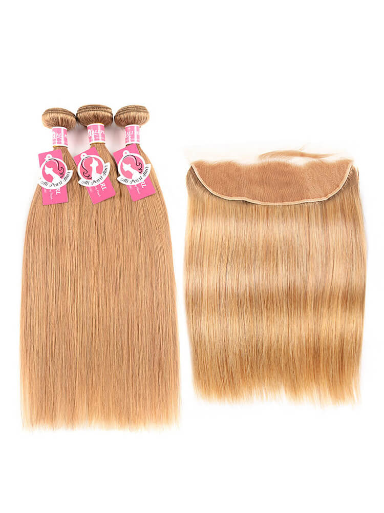 Brazilian Weave Straight Color Hair #27 Bundles With 13*4 Lace Frontal