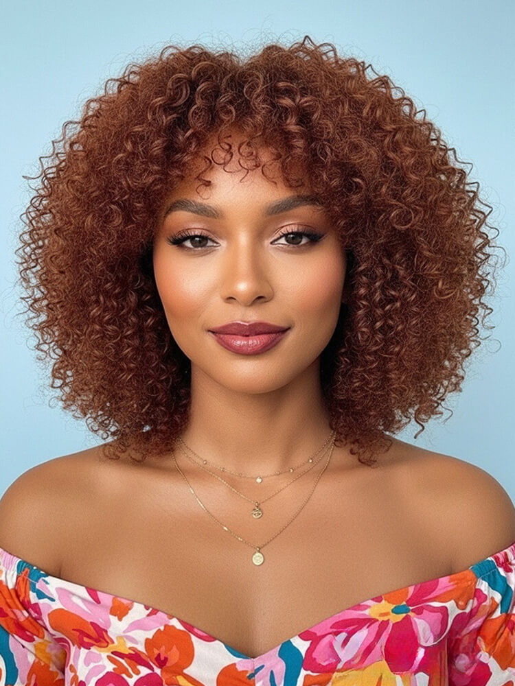 Curtain Bang Ginger Brown Short Curly 5x5 Lace Front Wig 250 Density