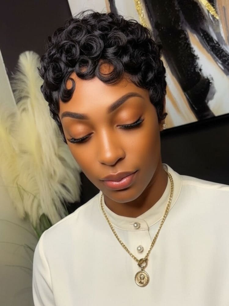 Short Curly Layered Pixie Cut Full Lace Pixie Wig Human Hair 