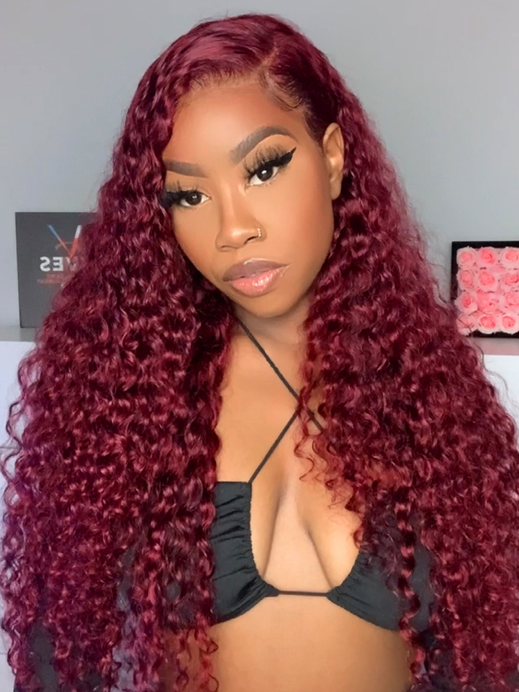 burgundy deep wave wig