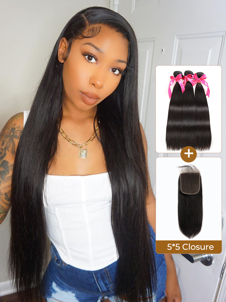 HD Lace Closure 5x5 With Bundles Straight Weave Virgin Human Hair Bundle Deals