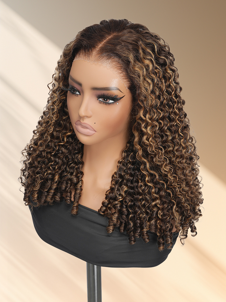 4/27 Highlight Burmese Curly 5x7 Glueless Lace Front Wig 250% Density
