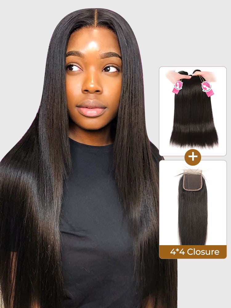 Unprocessed Brazilian Hair 3 pcs Straight With Lace Closure