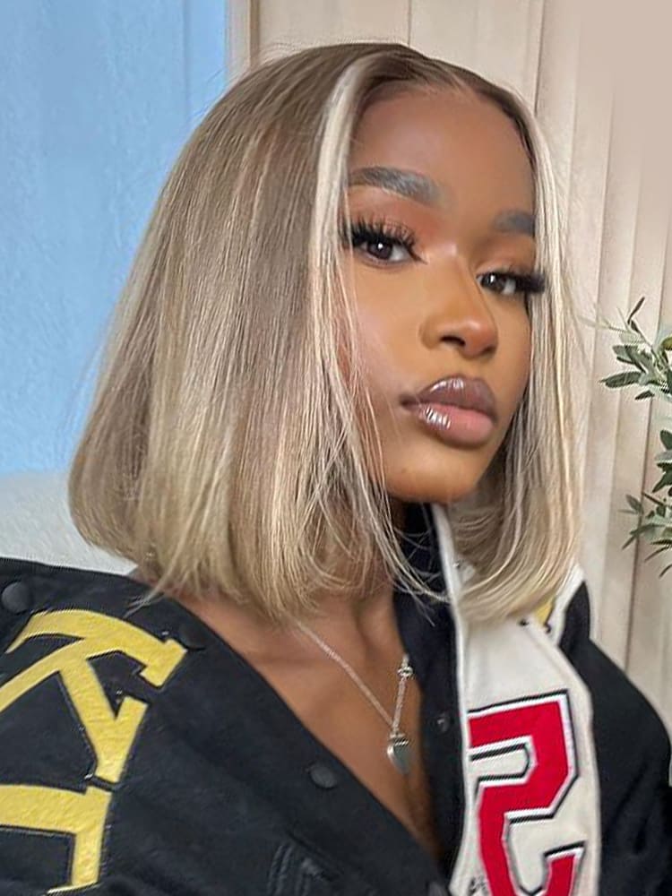 Light Mushroom Brown Hair With Blonde Highlights Straight Bob Lace Wigs For Sale