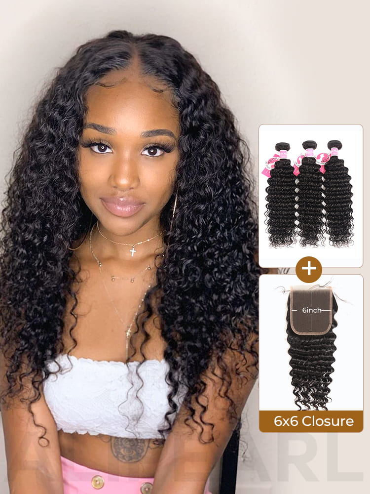 Deep Wave Weave Human Hair 3 Bundles With 6x6 Lace Closure