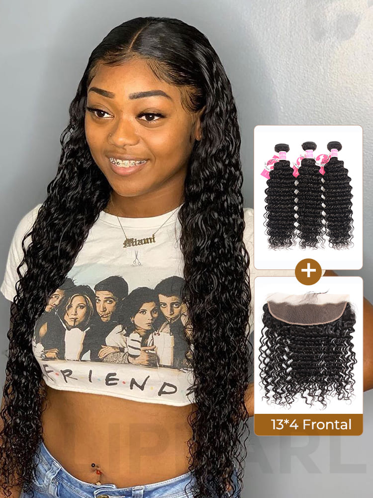 Alipearl Brazilian Hair 3 Bundles Deep Wave with 13X4 Frontal