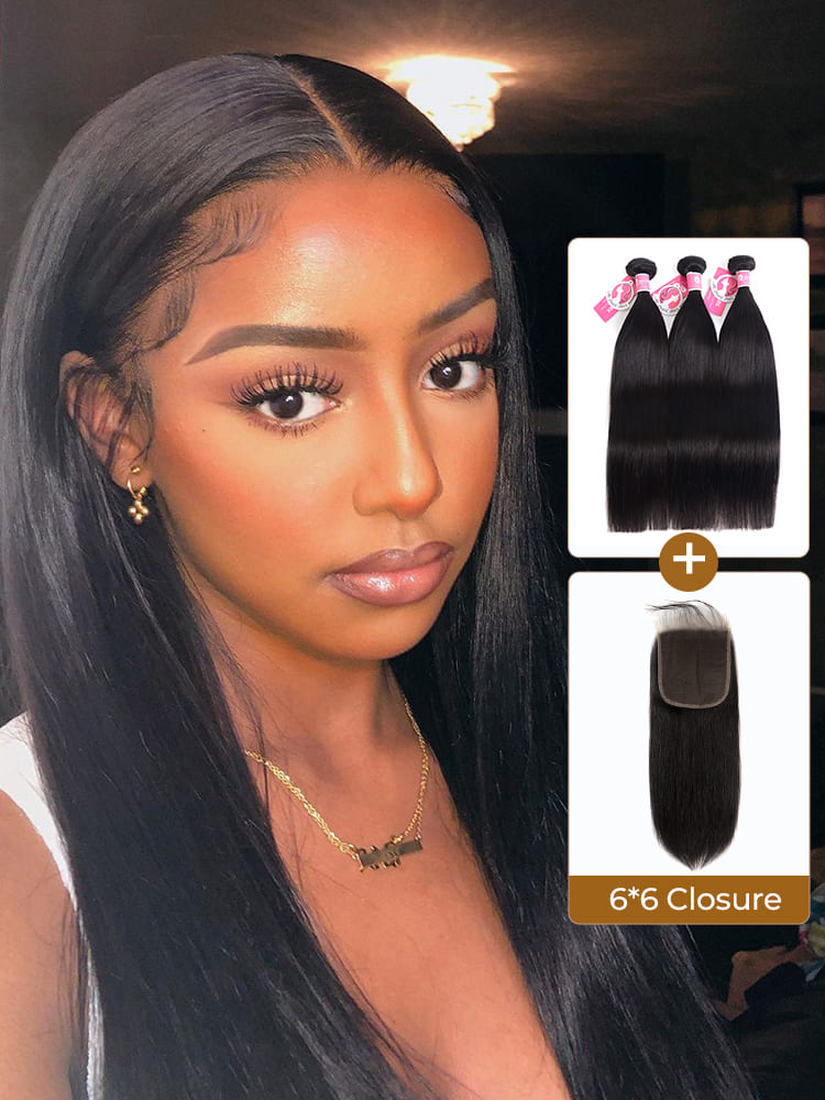 Straight Weave Hair 3 Bundle Deals With 6*6 Lace Closure