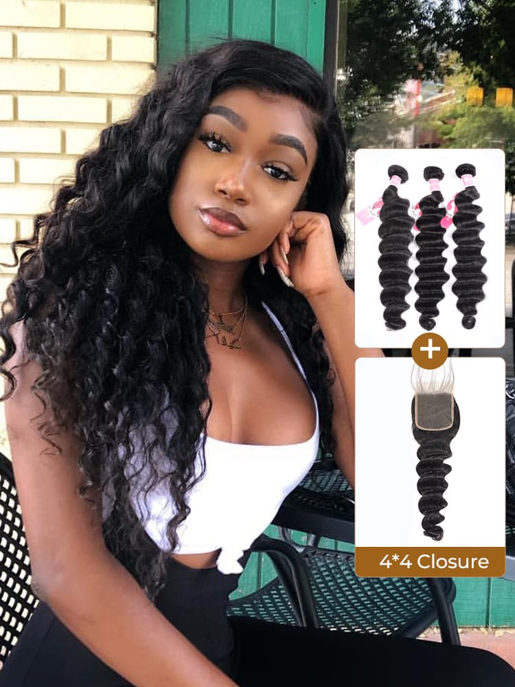 Alipearl Hair 3 Bundles Brazilian Loose Deep Wave with Lace Closure LY Super Thin Transparent Lace Pre Plucked
