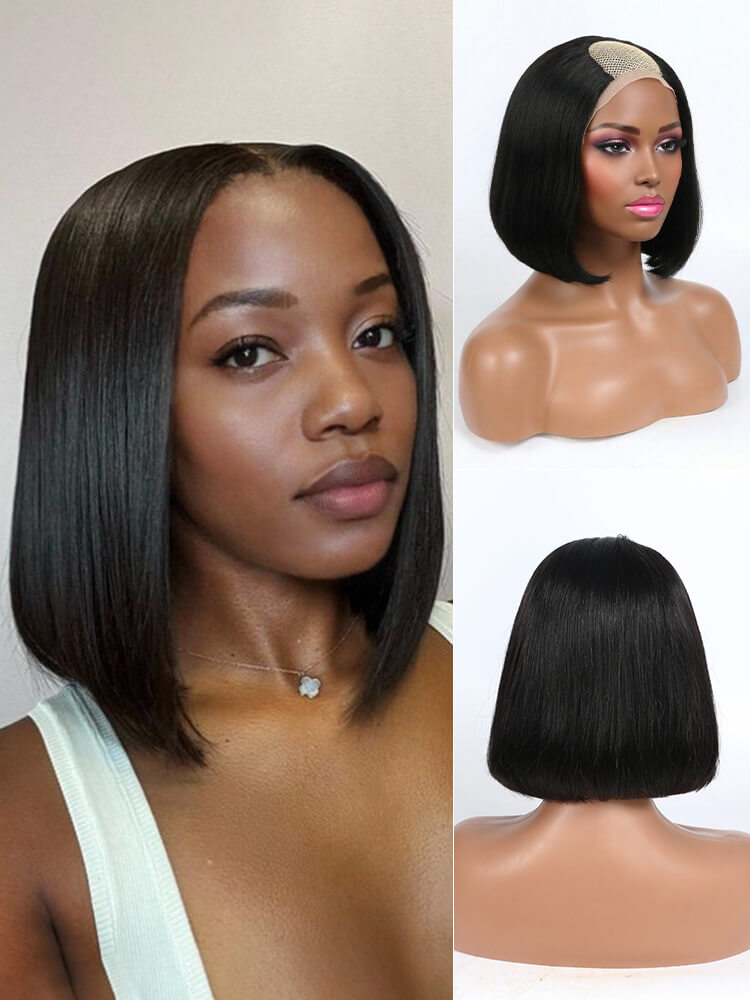 U Part Straight Bob Wigs Human Hair 8 Inch