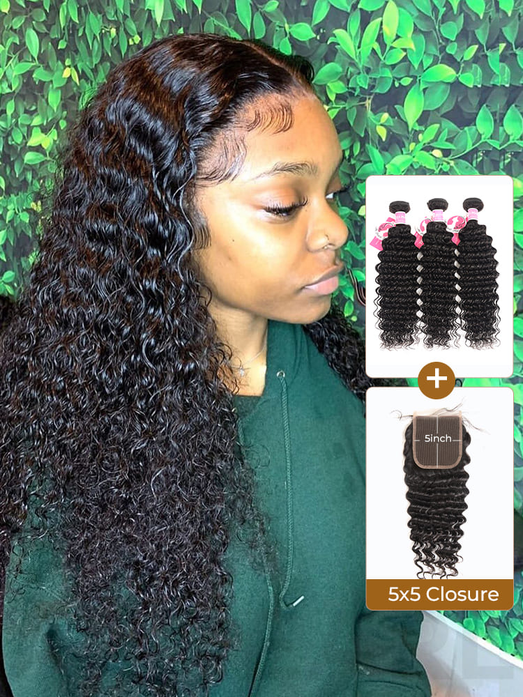 Deep Wave Hair 3 Bundles With 5x5 Lace Closure Deep Wave Closure