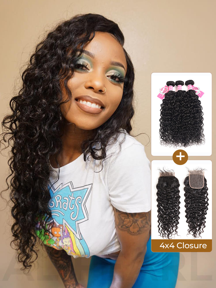 Alipearl Brazilian Hair 3 Bundles Natural Wave With 4*4 Lace Closure