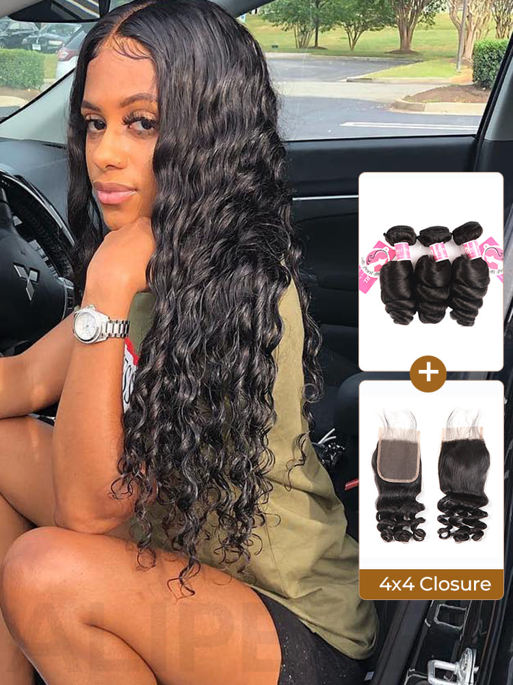 Alipearl Brazilian Hair 3 Bundles Loose Wave With 4*4 Lace Closure