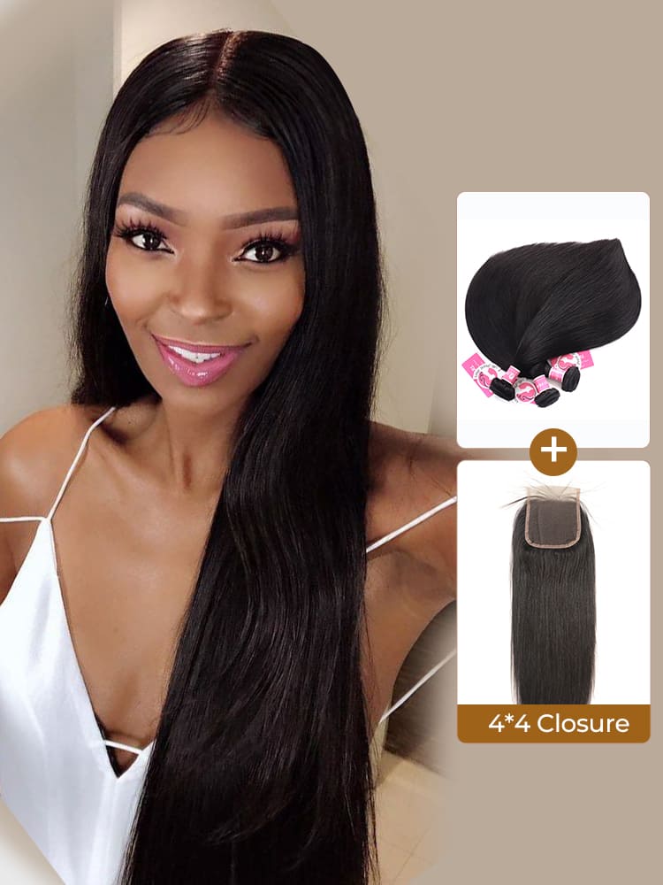 Unprocessed Peruvian Hair 3pcs Straight With 4*4 HD Lace Closure