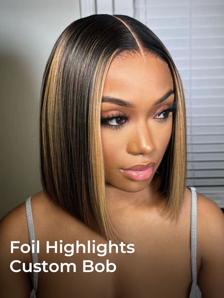 Foil Highlight Blunt Cut Bob Wig Custom Colored Wigs With Dark Roots