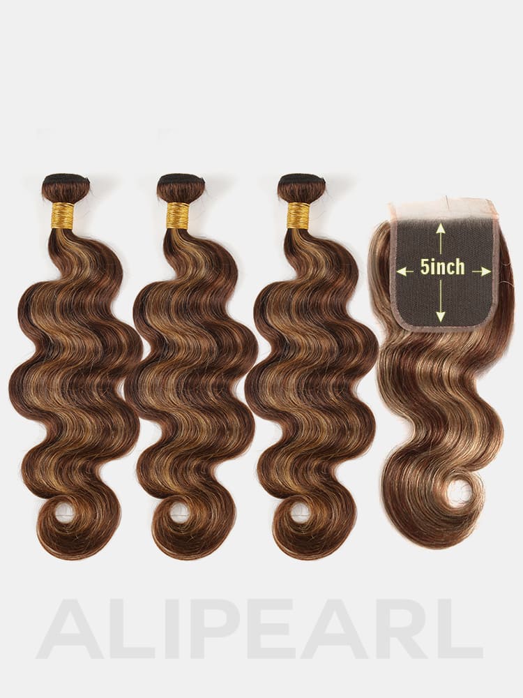 Alipearl Brown Balayage Hair #4/27 Body Wave Highlight Bundles With 5x5 Lace Closure