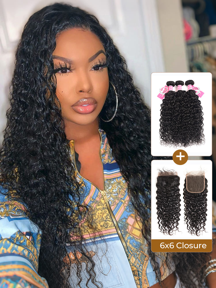 Water Wave Hair 6x6 Closure And 3 Bundles Wavy Hair Weave