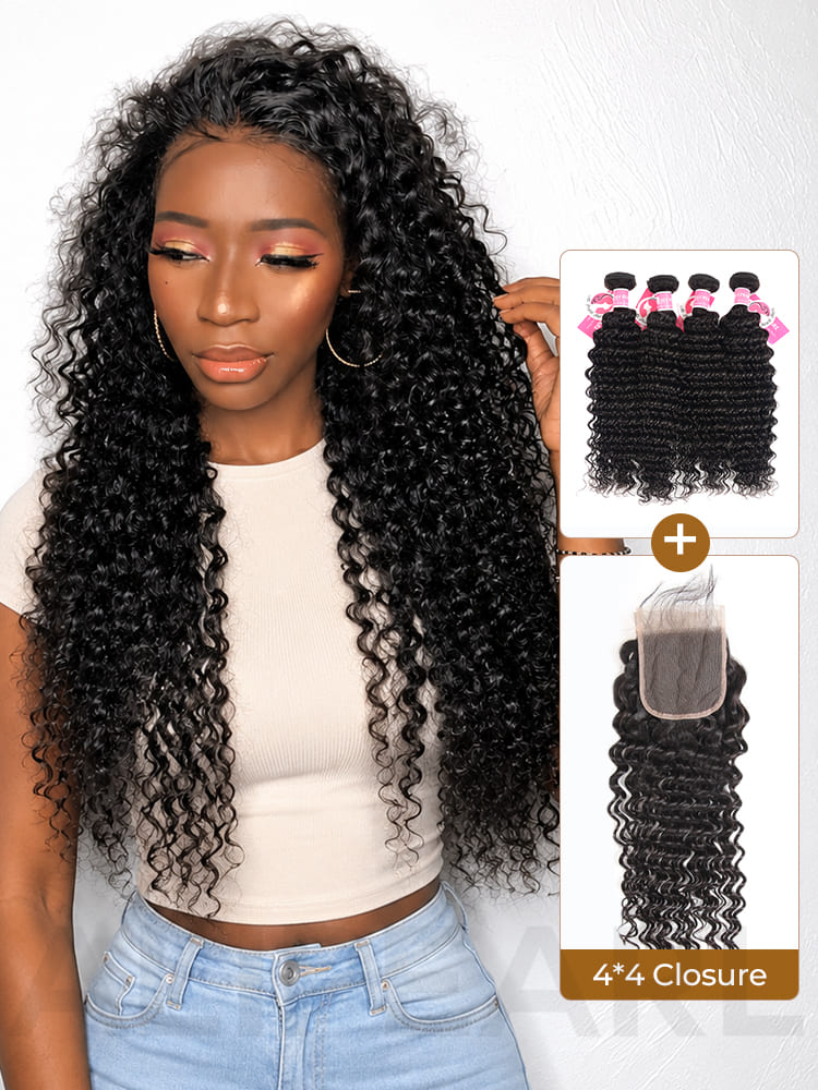 Alipearl Malaysian Virgin Hair 3 Bundles Deep Wave with 4*4 Lace Closure