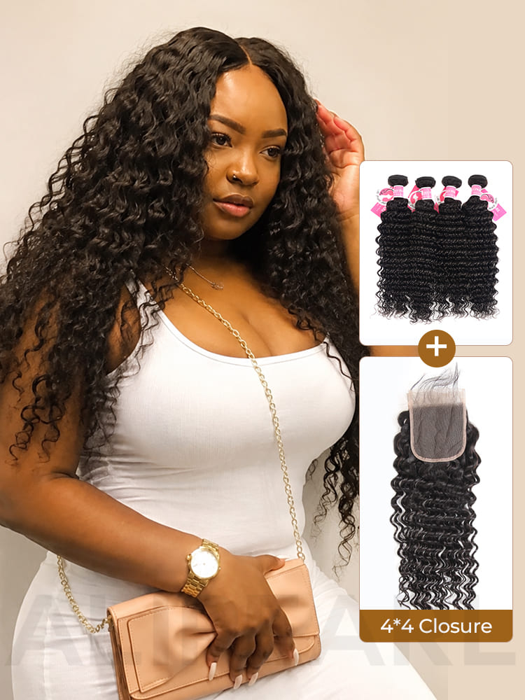Deep Wave Hairstyles Brazilian Human Hair 4 Bundles With 4*4 Lace Closure
