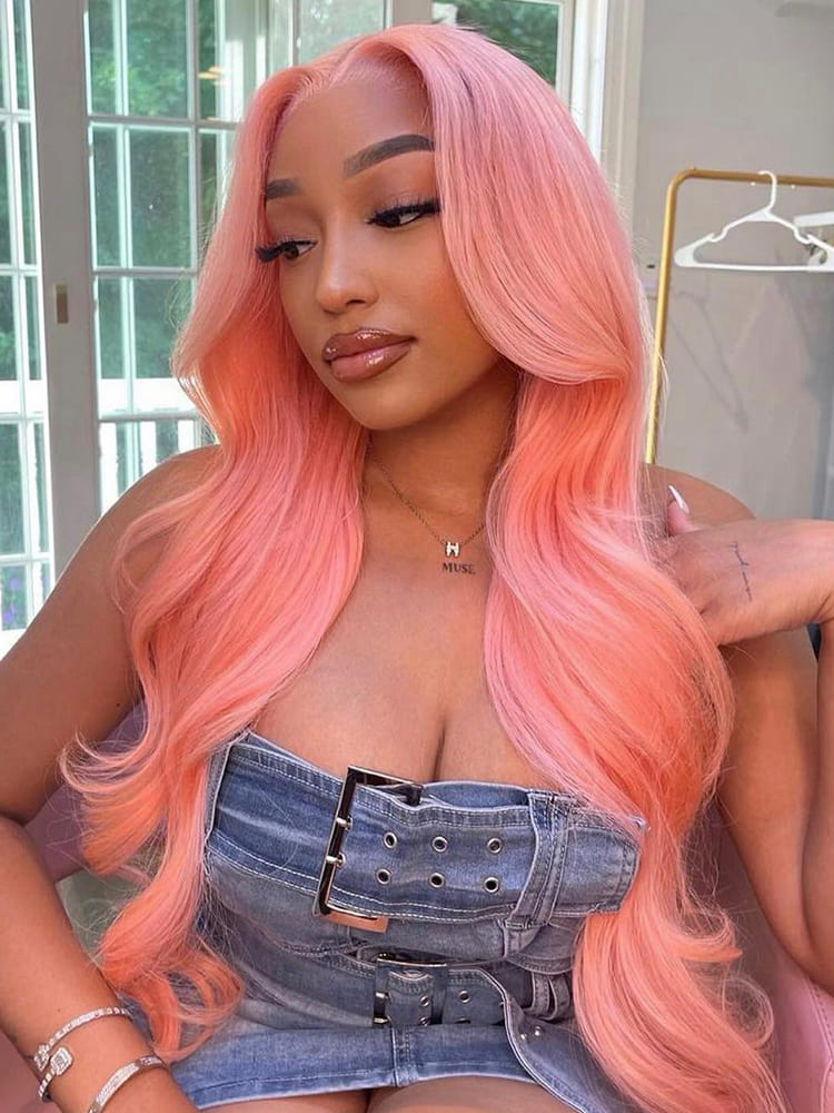 Pink Color Wig Light Pink Body Wave Transparent Lace Wigs With Natural Hairline