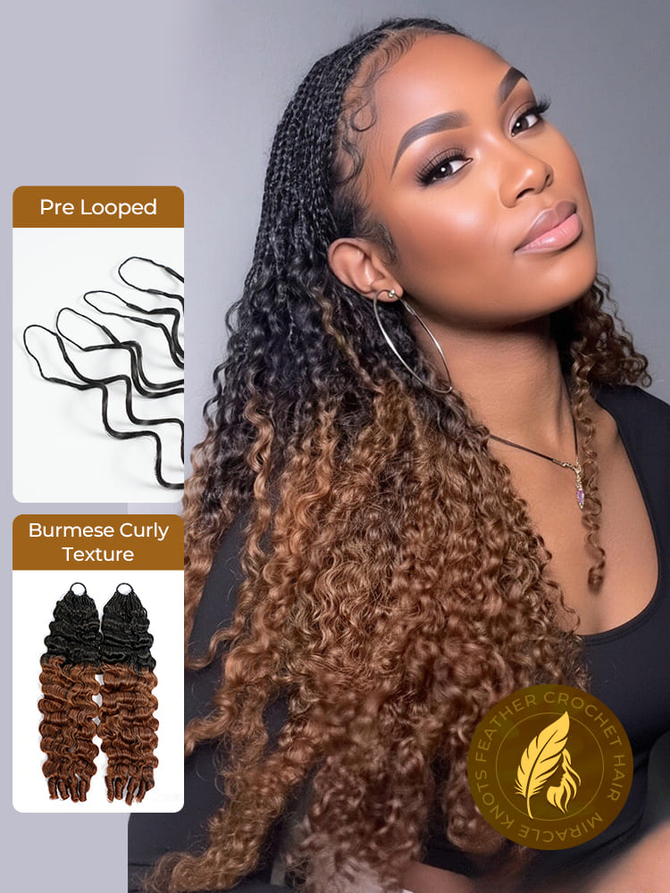 T1B/33 Brown Ombre Color Burmese Curly Feather Crochet Hair Extension