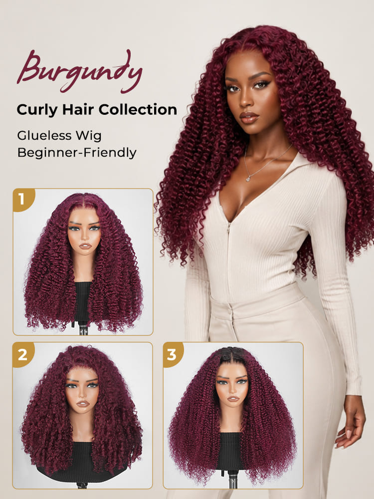 Light Burgundy Burmese Curly Hair Glueless Lace Front Wig 250 Density